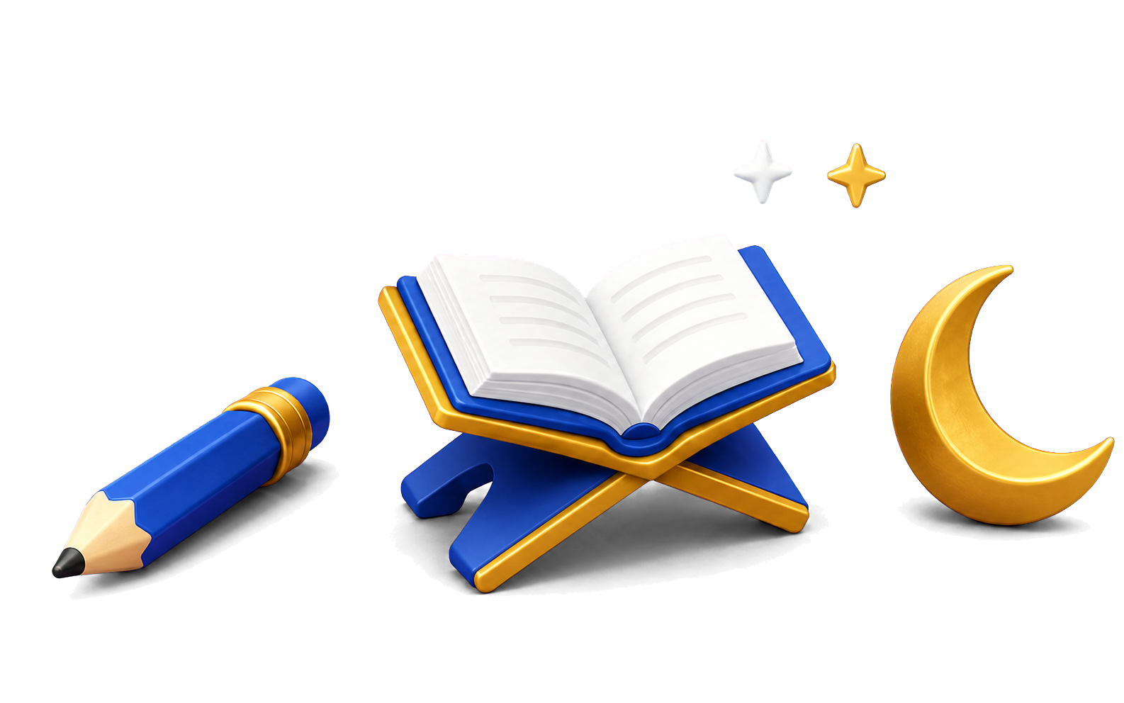 Buku terbuka, rehal, pensel dan bulan sabit